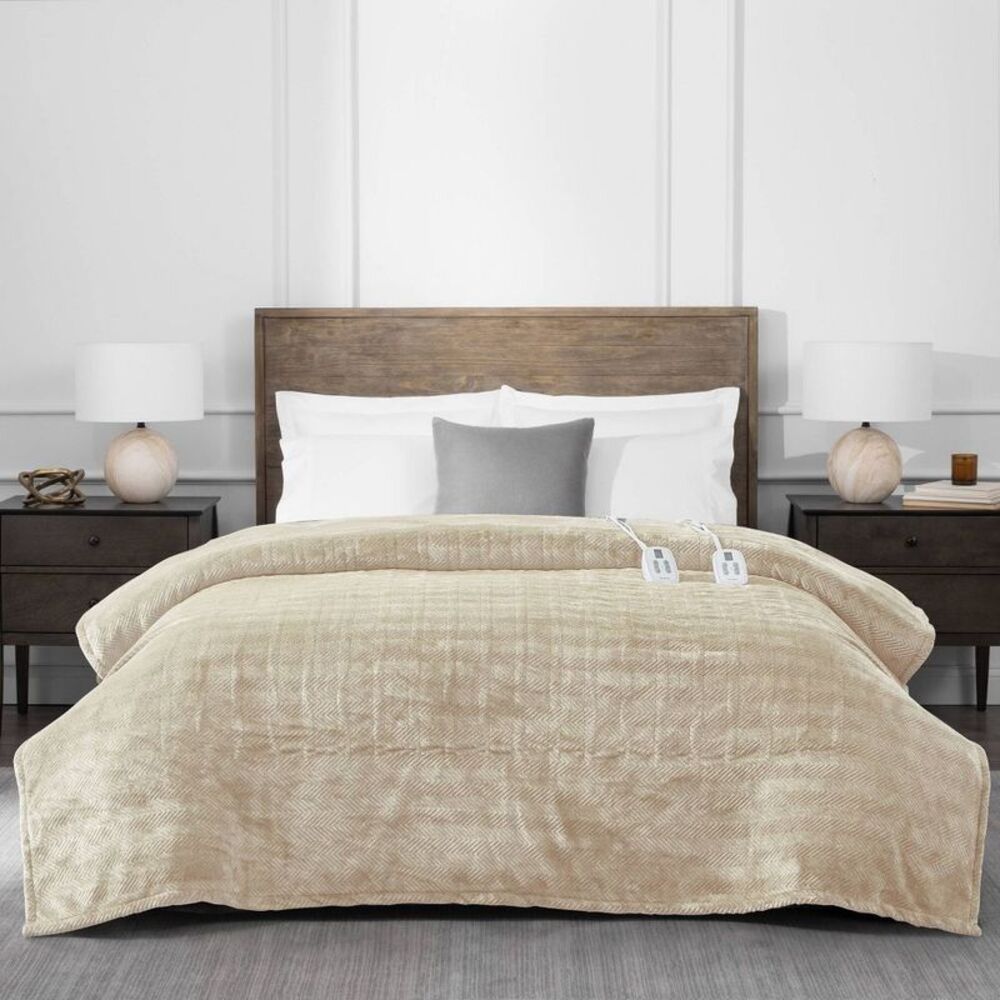 Brookstone -  King Heated Micro Herringbone Blanket T Taupe